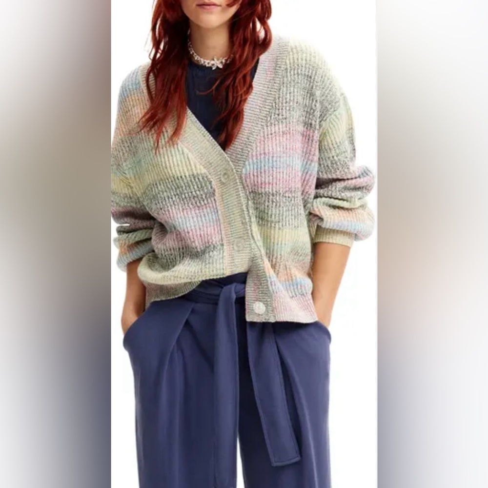 Desigual Pastel Multicolor Ribbed Button Cardigan